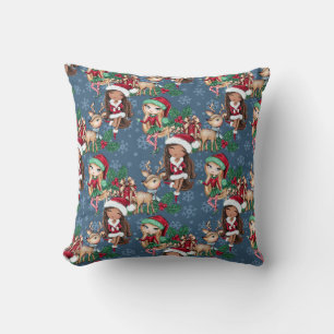 Blue Christmas Theme Adorable Elf Deer Cushion