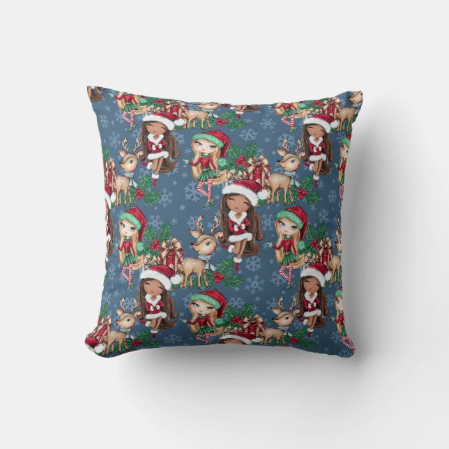 Blue Christmas Theme Adorable Elf Deer Cushion (Front)