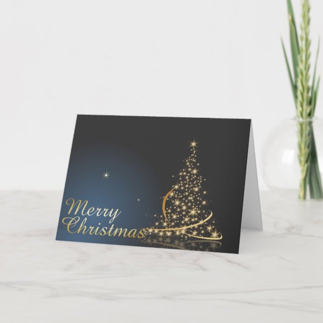 Blue Christmas Theme with golden Christmas Tree Card (Front)