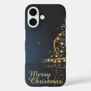 Blue Christmas Theme with golden Christmas Tree iPhone 16 Case