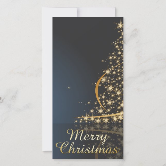 Blue Christmas Theme with golden Christmas Tree Holiday Card (Front)