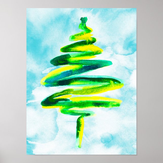 Blue Christmas tree abstract watercolor Poster (Front)