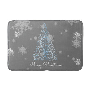 Blue Christmas Tree and Snowflakes Bath Mat