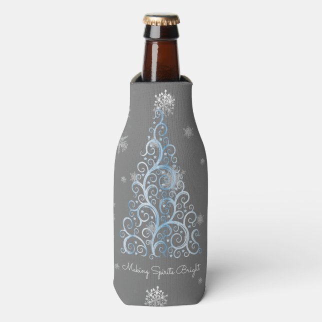 Blue Christmas Tree and Snowflakes Bottle Cooler (Bottle Front)