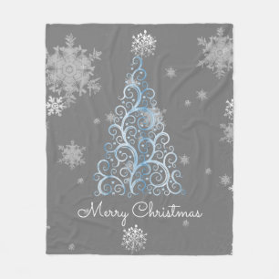 Blue Christmas Tree and Snowflakes Fleece Blanket