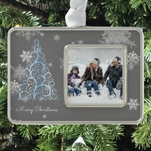 Blue Christmas Tree and Snowflakes Framed Ornament