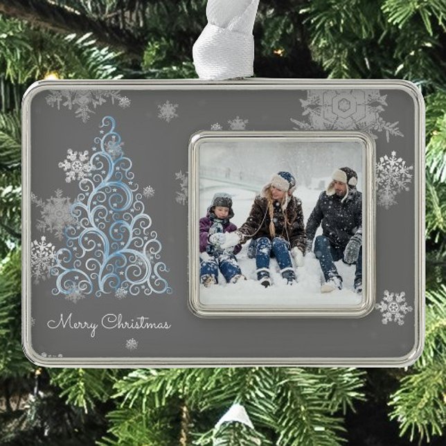 Blue Christmas Tree and Snowflakes Framed Ornament (Blue Christmas Tree and Snowflakes Framed Ornament)