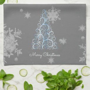 Blue Christmas Tree and Snowflakes Kitchen Towel