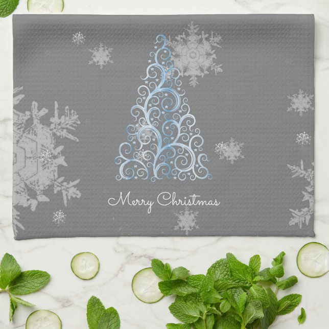 Blue Christmas Tree and Snowflakes Kitchen Towel (Folded)