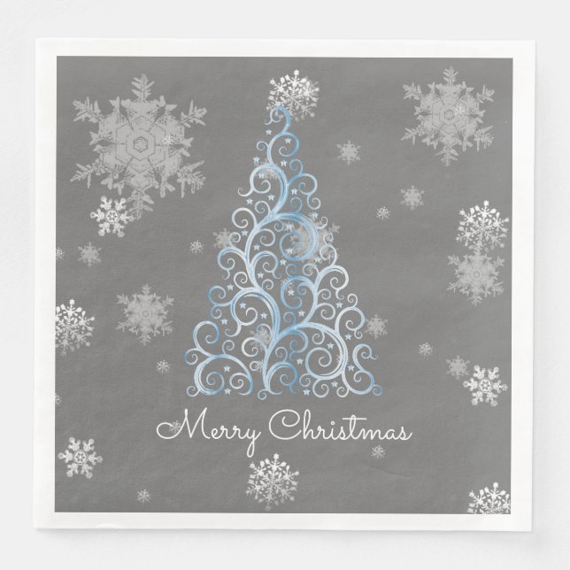 Blue Christmas Tree and Snowflakes Paper Napkin (Front)