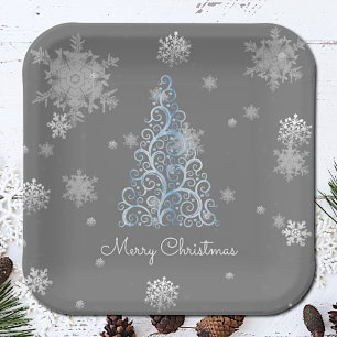 Blue Christmas Tree and Snowflakes Paper Plate