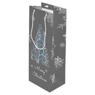Blue Christmas Tree and Snowflakes Wine Gift Bag