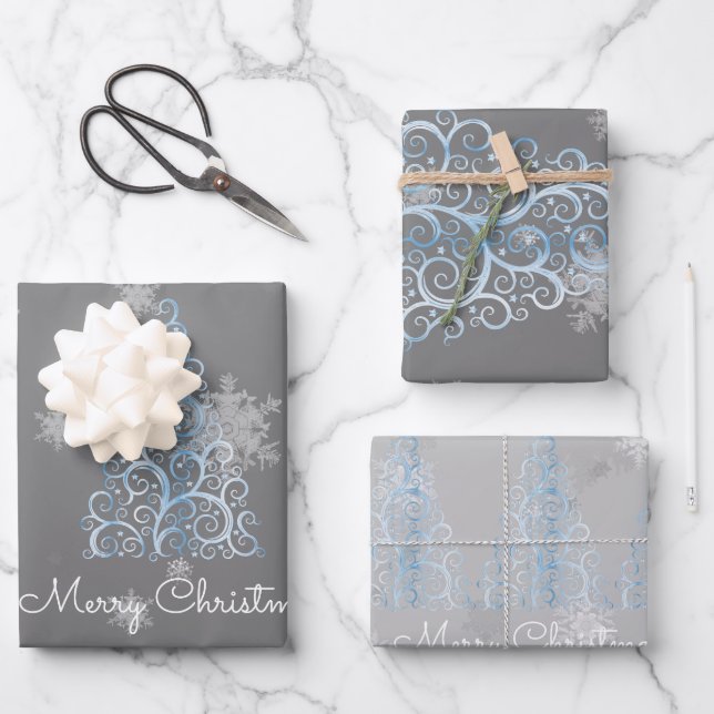 Blue Christmas Tree and Snowflakes Wrapping Paper (Front)