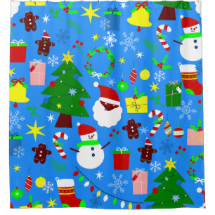 blue christmas tree black santa shower curtain
