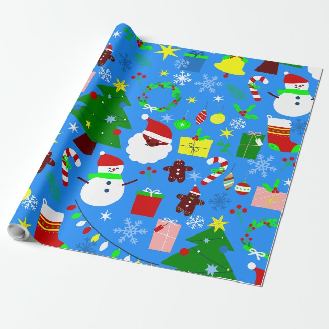 blue christmas tree black santa wrapping paper (Unrolled)