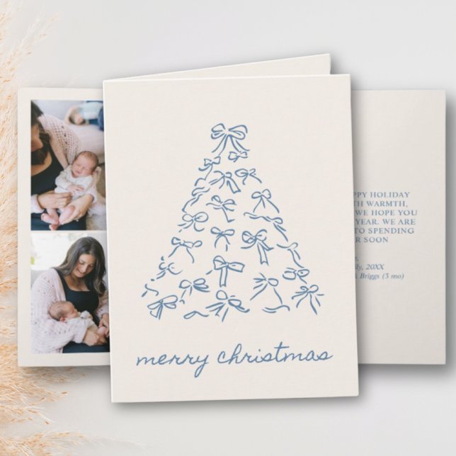 Blue Christmas Tree Doodle Bow 4 Photo Folded Holiday Card (Creator Uploaded)