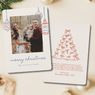 Blue Christmas Tree Doodle Coquette Bow Family Holiday Card