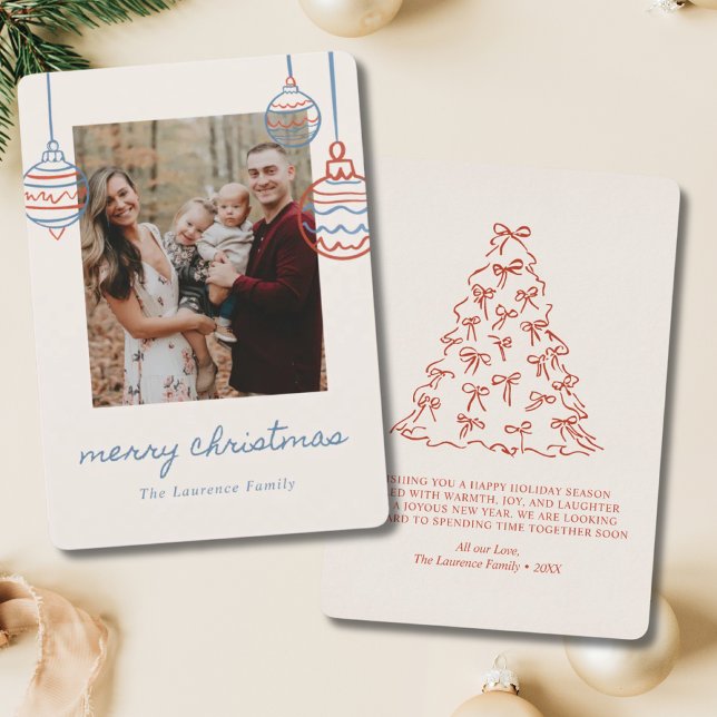 Blue Christmas Tree Doodle Coquette Bow Family Holiday Card (Creator Uploaded)