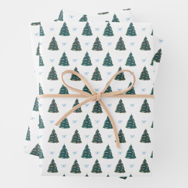 Blue Christmas Tree Farm Gift Wrap (In situ)