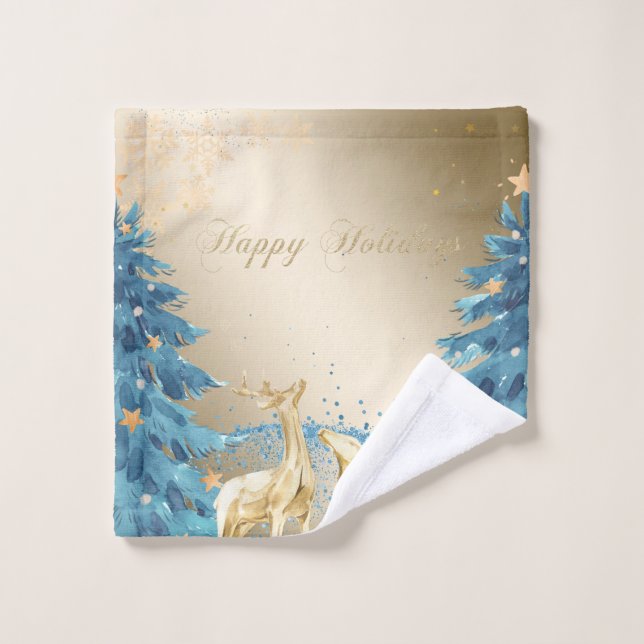 Blue Christmas Tree,Gold Reindeers,Snowflakes  Bath Towel Set (Wash Cloth)