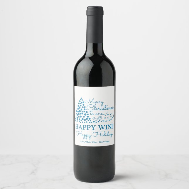 Blue Christmas Tree, Happy Wine Happy Holidays Win Wine Label (Front)