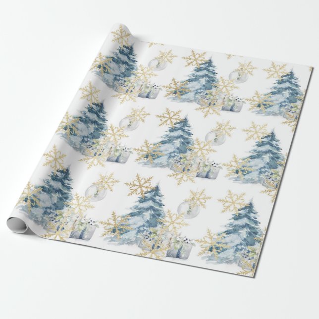Blue Christmas Tree Holiday wrapping paper (Unrolled)