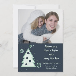 Blue Christmas tree n snowflakes holiday photocard