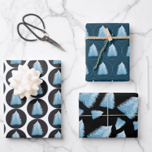 Blue Christmas Tree On Black And Blue Wrapping Paper Sheet