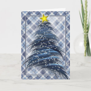 Blue Christmas Tree on Plaid Holiday Card
