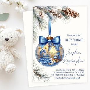 Blue Christmas Tree Ornament Baby Shower Invitation