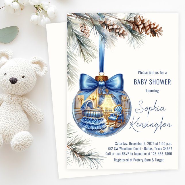 Blue Christmas Tree Ornament Baby Shower Invitation (Boy Christmas tree ornament baby shower invitation with cute nursery scene inside the glass bauble.)