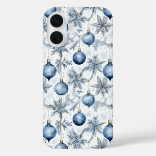 Blue Christmas Tree Ornaments Pattern iPhone 16 Case