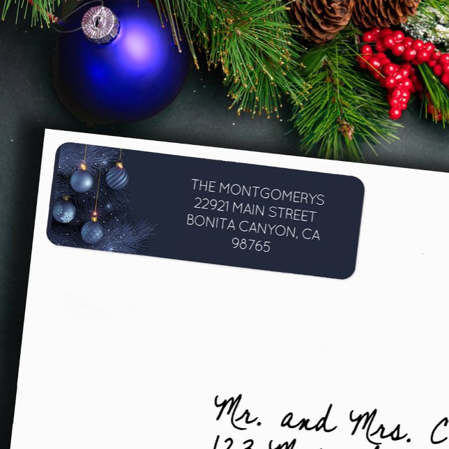 Blue Christmas Tree & Ornaments Return Address (Blue Christmas tree and blue ornaments return address labels)