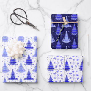 Blue Christmas Tree Pattern Design  Wrapping Paper Sheet
