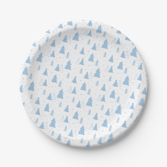 Blue Christmas Tree Pattern Paper Plate (Front)