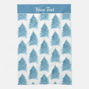 Blue Christmas Tree Pattern Watercolor Holiday Tea Towel