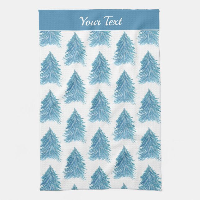 Blue Christmas Tree Pattern Watercolor Holiday  Tea Towel (Vertical)
