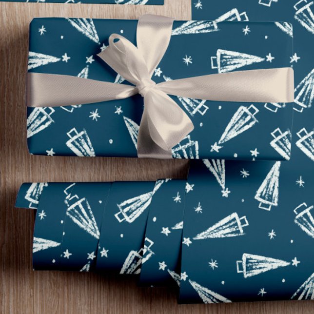 Blue Christmas Tree Pattern Wrapping Paper (Blue Christmas Trees gift wrap to make a unique gift-wrapping experience.)