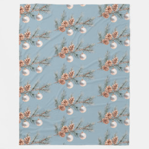 Blue Christmas Tree Pine Cones Ornaments Fleece Blanket
