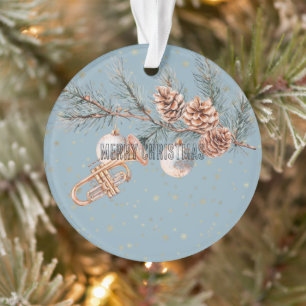 Blue Christmas Tree Pine Cones Ornaments Trumpet