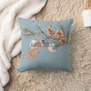 Blue Christmas Tree Pine Cones Ornaments Trumpet Cushion