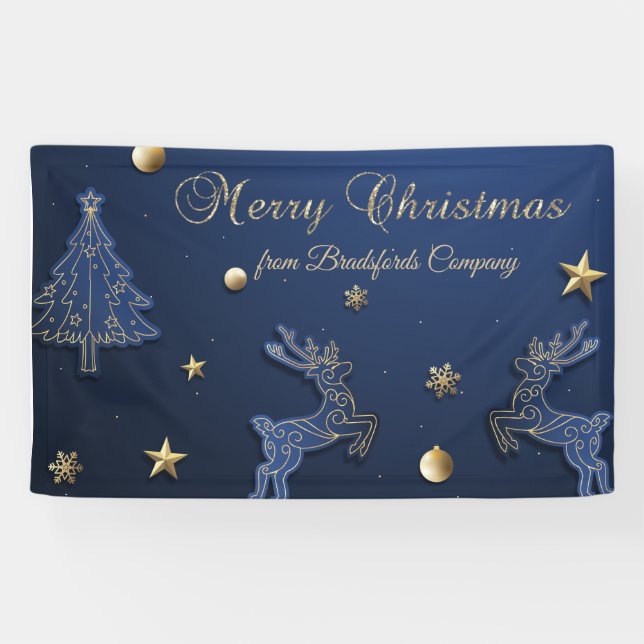 Blue Christmas Tree Reindeer Stars Banner (Horizontal)