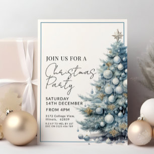 Blue Christmas Tree Silver Baubles Festive Holiday Invitation
