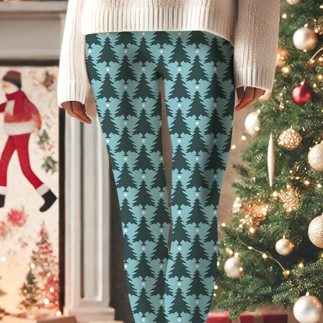 Blue Christmas Tree Star Pattern Holiday Leggings (Creator Uploaded)