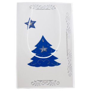 Blue Christmas tree,stars sewn with silver thread Medium Gift Bag