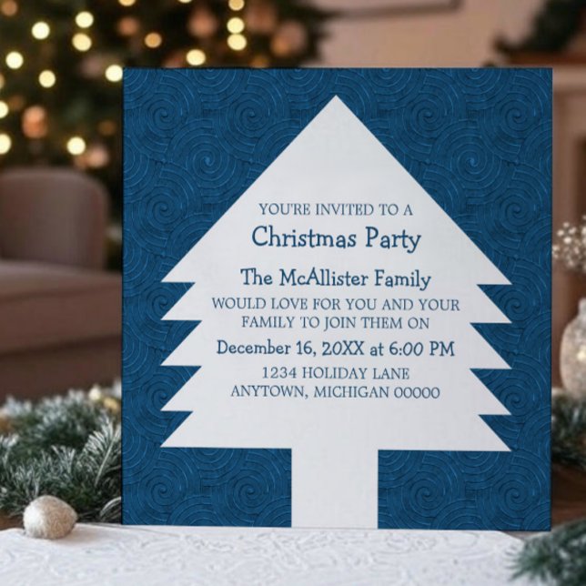 Blue Christmas Tree Swirls Party Invite (Blue Christmas Tree Swirls Party Invitation)