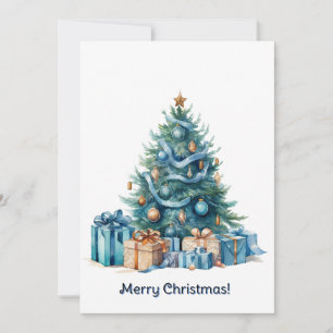 Blue Christmas Tree Watercolor Art Holiday Card