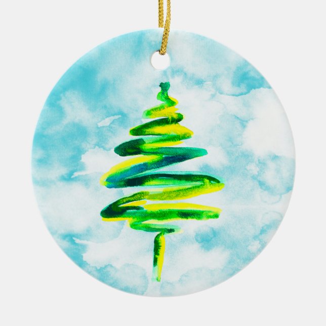 Blue Christmas Tree watercolor Ceramic Ornament (Front)