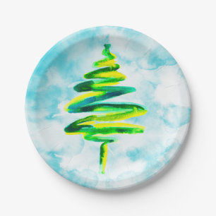 Blue Christmas Tree watercolor Paper Plates