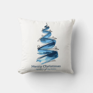 Blue Christmas Tree Watercolour Cushion